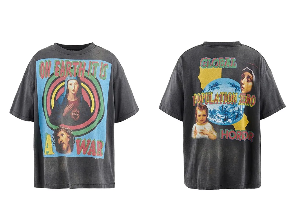 SAINT MICHAEL SS TEE/ON EARTH/BLK Jesus, Mary, Holy Infant Earth TEE Ready-to-wear Assut special piece dyeing, washed and distressed Vintage process, front and rear super complex super large printing, top purchasing agent technology